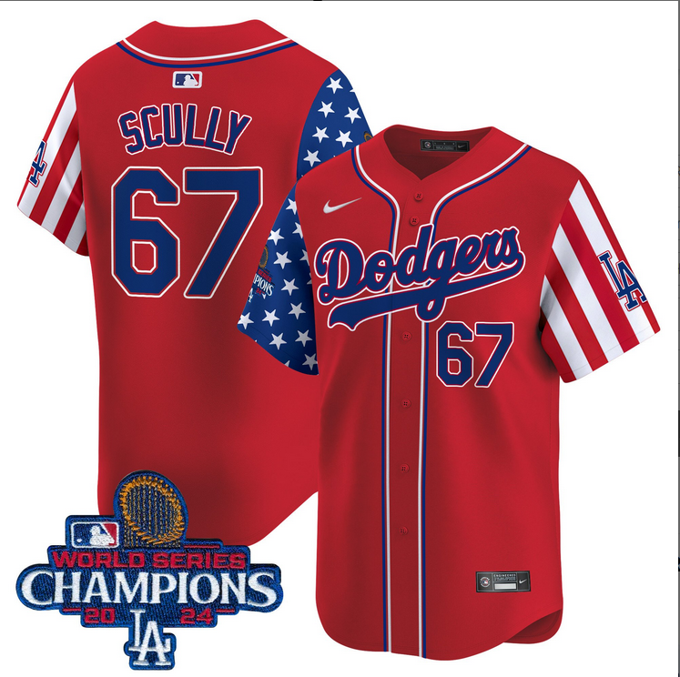 Men MLB Los Angeles Dodgers 67 Scully American Style red 2024 World Series Champions Limited Jersey